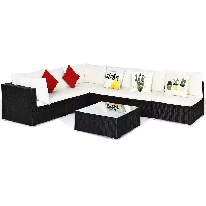 Costway 7PCS Patio Rattan Sofa Set Sectional Conversation Furniture Set Garden Beige\ Navy\Red\Navy Blue