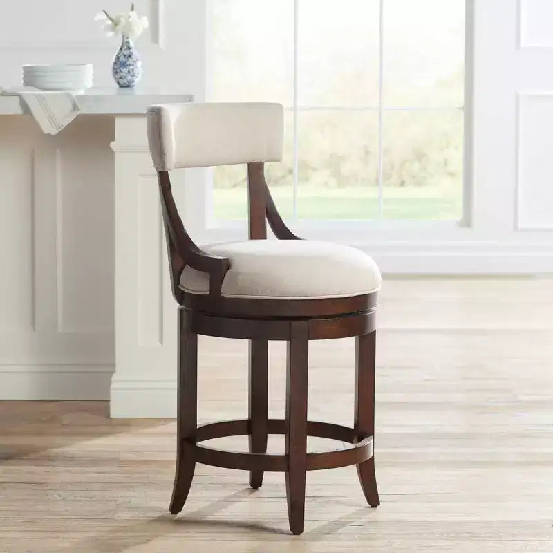 Walnut Wood Counter Bar Stool with Linen Cushion 24''