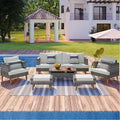 6 PCS All Weather PE Wicker Sofa Set, Patio PE Rattan Conversation Set with Wood Legs Wood Table Top-ModernLuxe