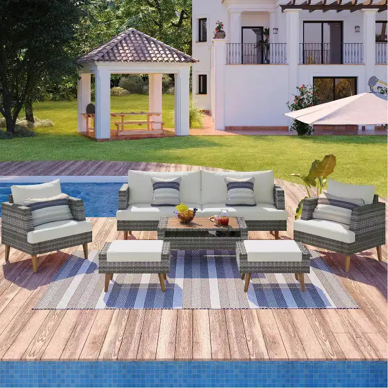6 PCS All Weather PE Wicker Sofa Set, Patio PE Rattan Conversation Set with Wood Legs Wood Table Top-ModernLuxe
