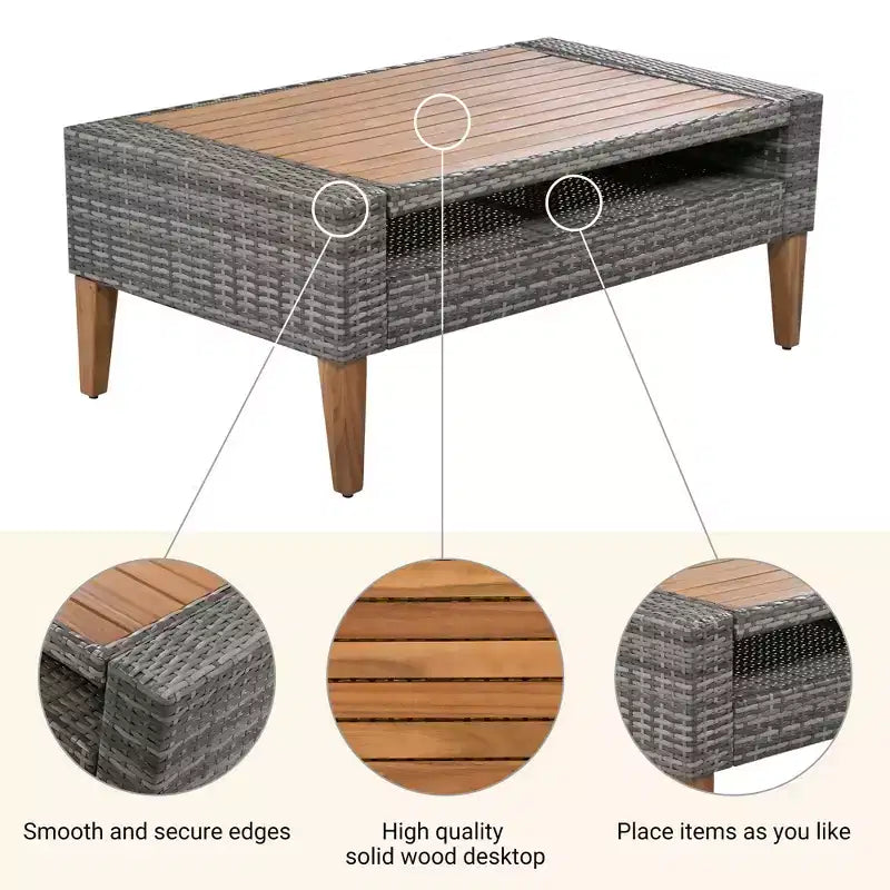 Ensemble de canapé en osier synthétique 6 pièces toutes saisons, salon de jardin en rotin synthétique avec pieds et plateau de table en bois - ModernLuxe