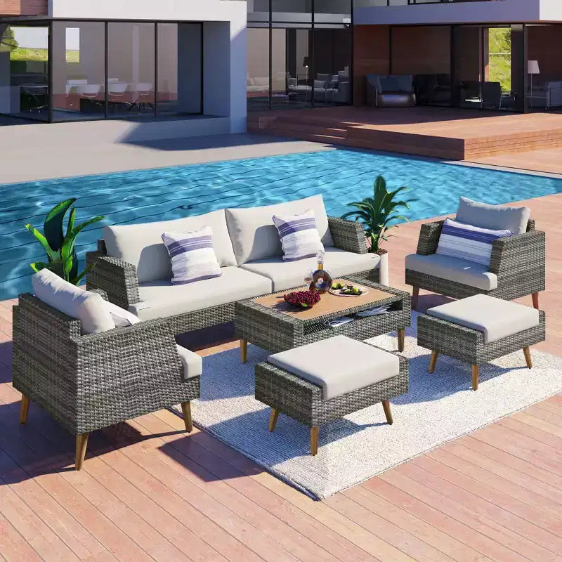 Ensemble de canapé en osier synthétique 6 pièces toutes saisons, salon de jardin en rotin synthétique avec pieds et plateau de table en bois - ModernLuxe