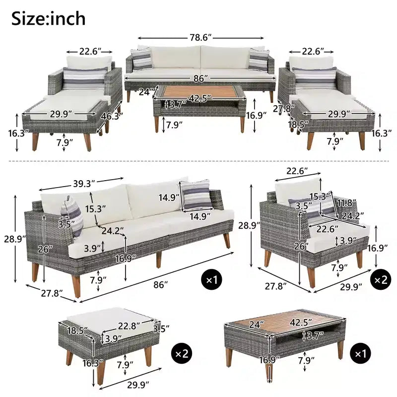 Ensemble de canapé en osier synthétique 6 pièces toutes saisons, salon de jardin en rotin synthétique avec pieds et plateau de table en bois - ModernLuxe