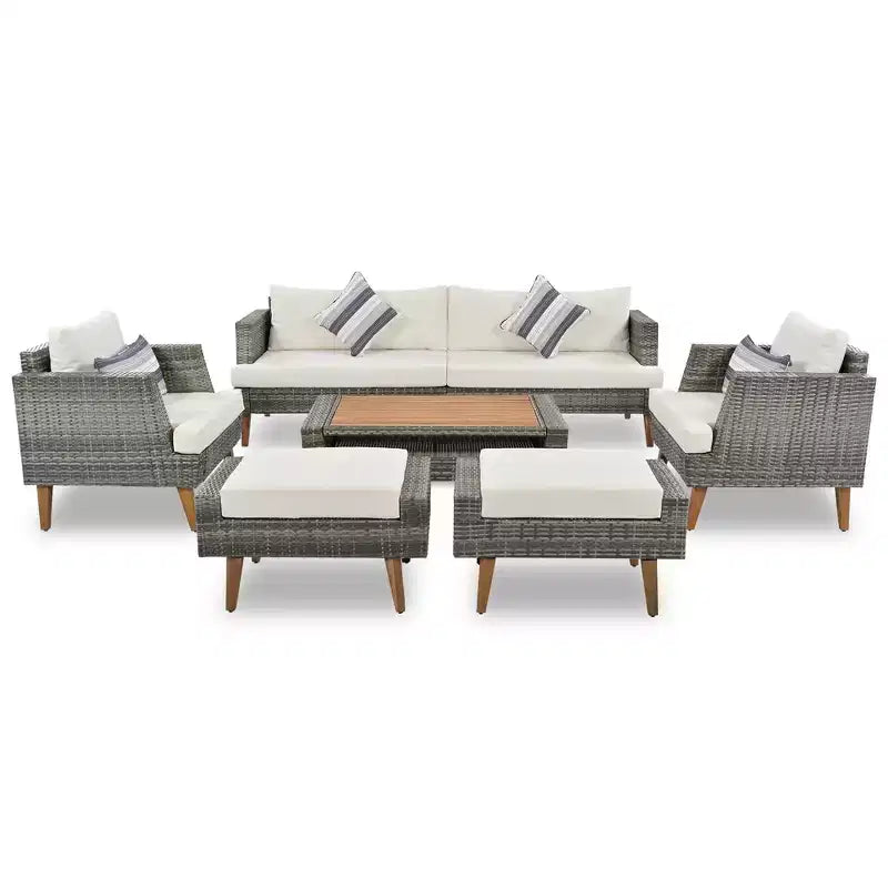 Ensemble de canapé en osier synthétique 6 pièces toutes saisons, salon de jardin en rotin synthétique avec pieds et plateau de table en bois - ModernLuxe