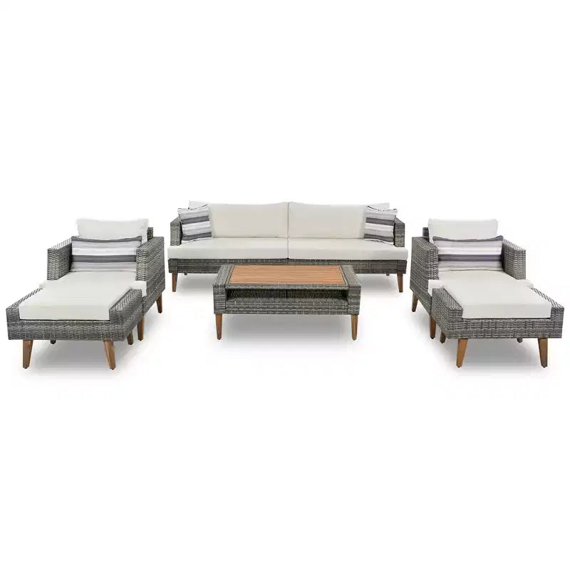 Ensemble de canapé en osier synthétique 6 pièces toutes saisons, salon de jardin en rotin synthétique avec pieds et plateau de table en bois - ModernLuxe