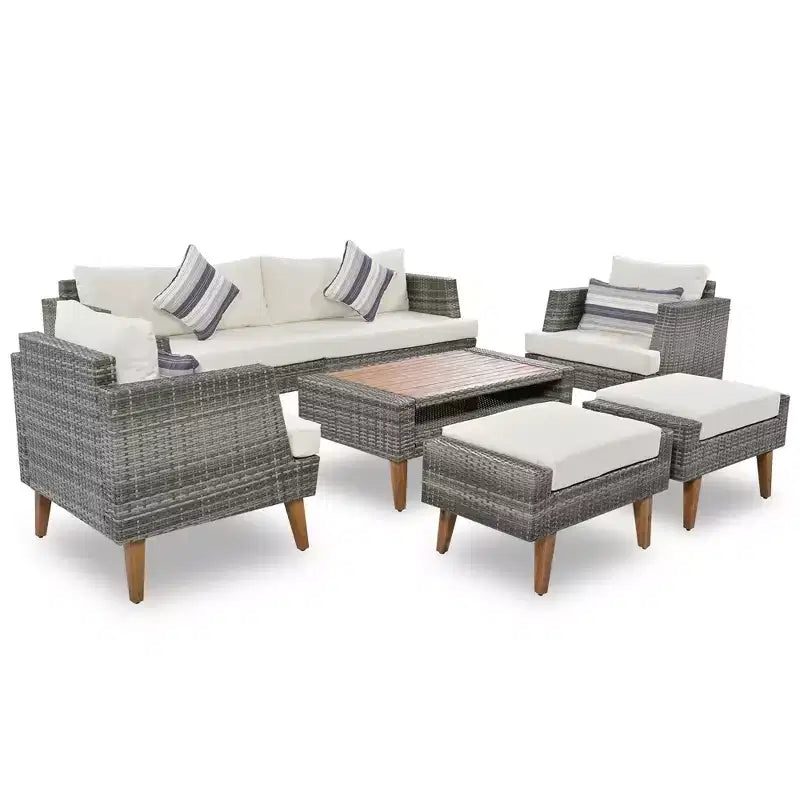 Ensemble de canapé en osier synthétique 6 pièces toutes saisons, salon de jardin en rotin synthétique avec pieds et plateau de table en bois - ModernLuxe