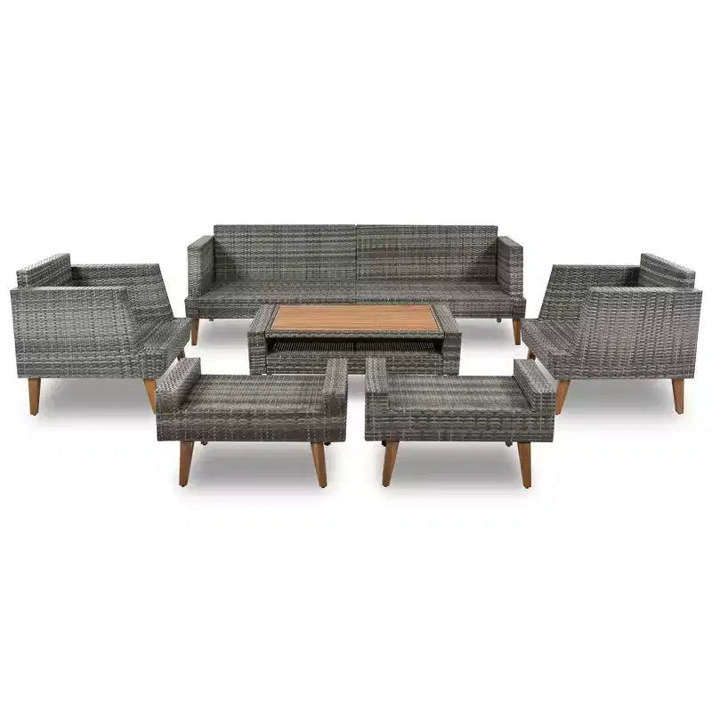 Ensemble de canapé en osier synthétique 6 pièces toutes saisons, salon de jardin en rotin synthétique avec pieds et plateau de table en bois - ModernLuxe