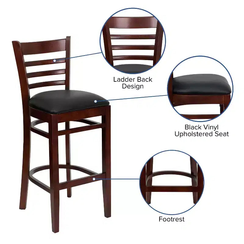 Wood Vinyl Upholstered Bar Stool with Ladder Back