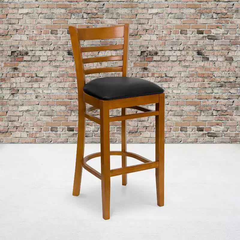 Wood Vinyl Upholstered Bar Stool with Ladder Back