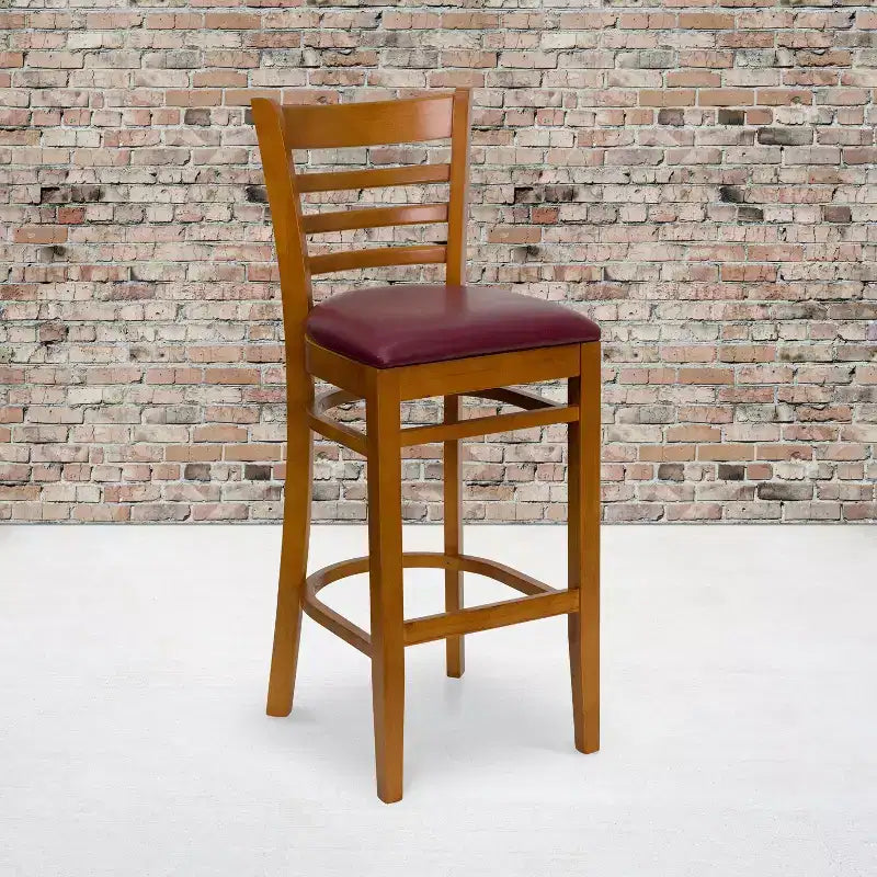 Wood Vinyl Upholstered Bar Stool with Ladder Back
