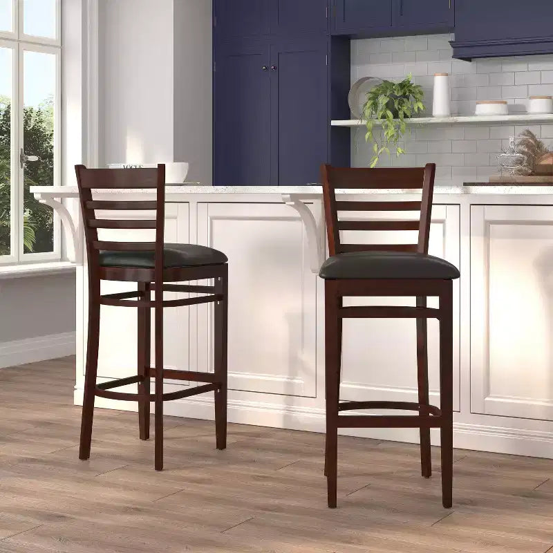 Wood Vinyl Upholstered Bar Stool with Ladder Back