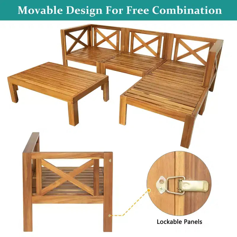 Ensemble de mobilier d'extérieur en bois 5 pièces, salon de jardin conversationnel, ensemble de canapés modulaires avec coussins - ModernLuxe