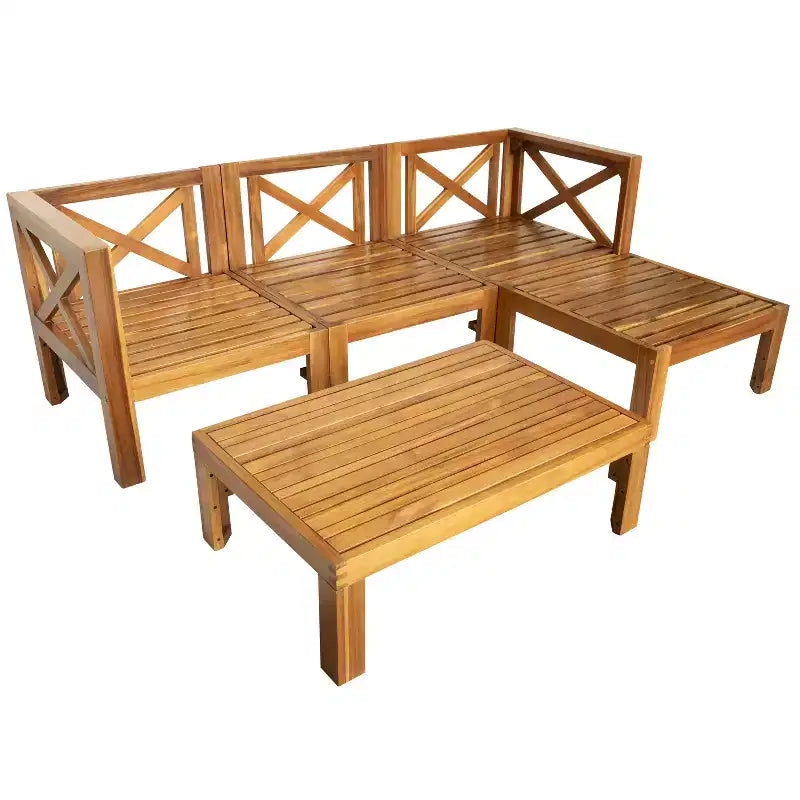 Ensemble de mobilier d'extérieur en bois 5 pièces, salon de jardin conversationnel, ensemble de canapés modulaires avec coussins - ModernLuxe