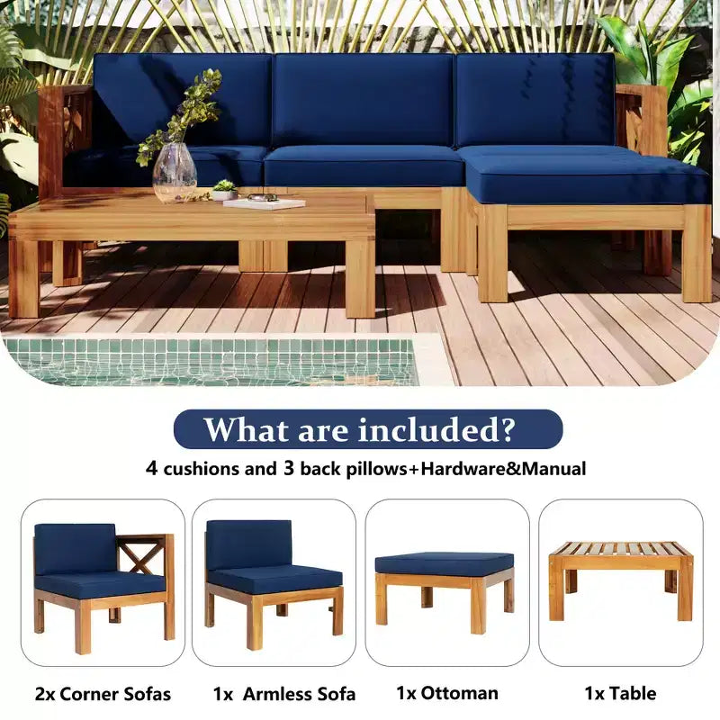 Ensemble de mobilier d'extérieur en bois 5 pièces, salon de jardin conversationnel, ensemble de canapés modulaires avec coussins - ModernLuxe