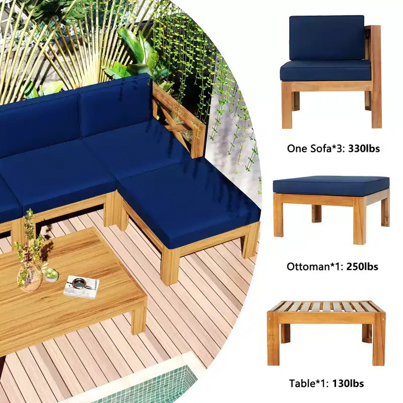 Ensemble de mobilier d'extérieur en bois 5 pièces, salon de jardin conversationnel, ensemble de canapés modulaires avec coussins - ModernLuxe
