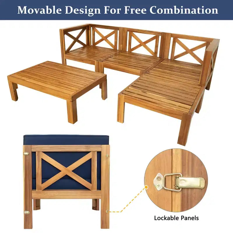 Ensemble de mobilier d'extérieur en bois 5 pièces, salon de jardin conversationnel, ensemble de canapés modulaires avec coussins - ModernLuxe