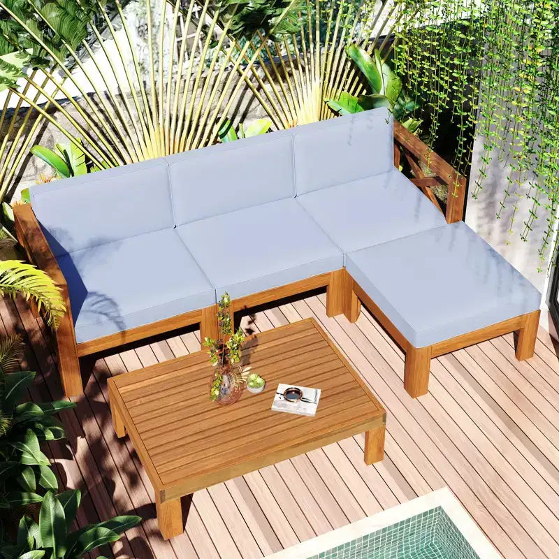 Ensemble de mobilier d'extérieur en bois 5 pièces, salon de jardin conversationnel, ensemble de canapés modulaires avec coussins - ModernLuxe