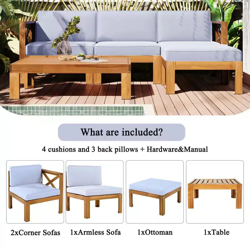 Ensemble de mobilier d'extérieur en bois 5 pièces, salon de jardin conversationnel, ensemble de canapés modulaires avec coussins - ModernLuxe
