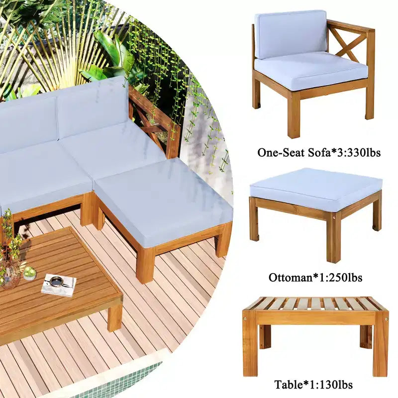 Ensemble de mobilier d'extérieur en bois 5 pièces, salon de jardin conversationnel, ensemble de canapés modulaires avec coussins - ModernLuxe