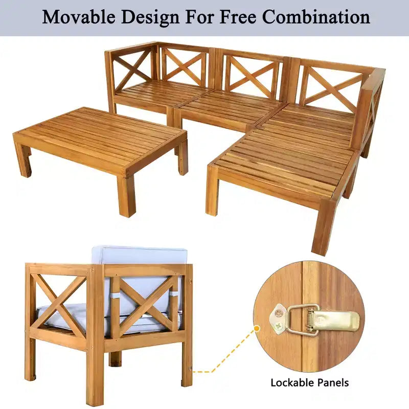 Ensemble de mobilier d'extérieur en bois 5 pièces, salon de jardin conversationnel, ensemble de canapés modulaires avec coussins - ModernLuxe