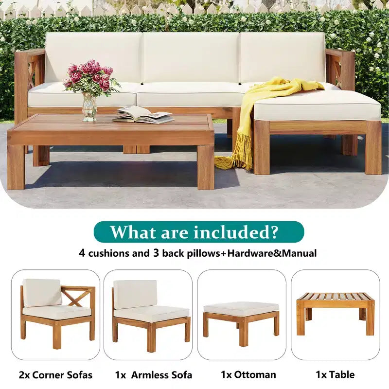 Ensemble de mobilier d'extérieur en bois 5 pièces, salon de jardin conversationnel, ensemble de canapés modulaires avec coussins - ModernLuxe