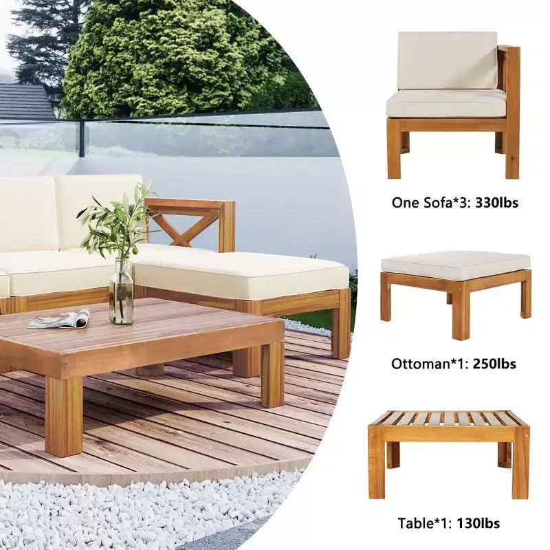 Ensemble de mobilier d'extérieur en bois 5 pièces, salon de jardin conversationnel, ensemble de canapés modulaires avec coussins - ModernLuxe