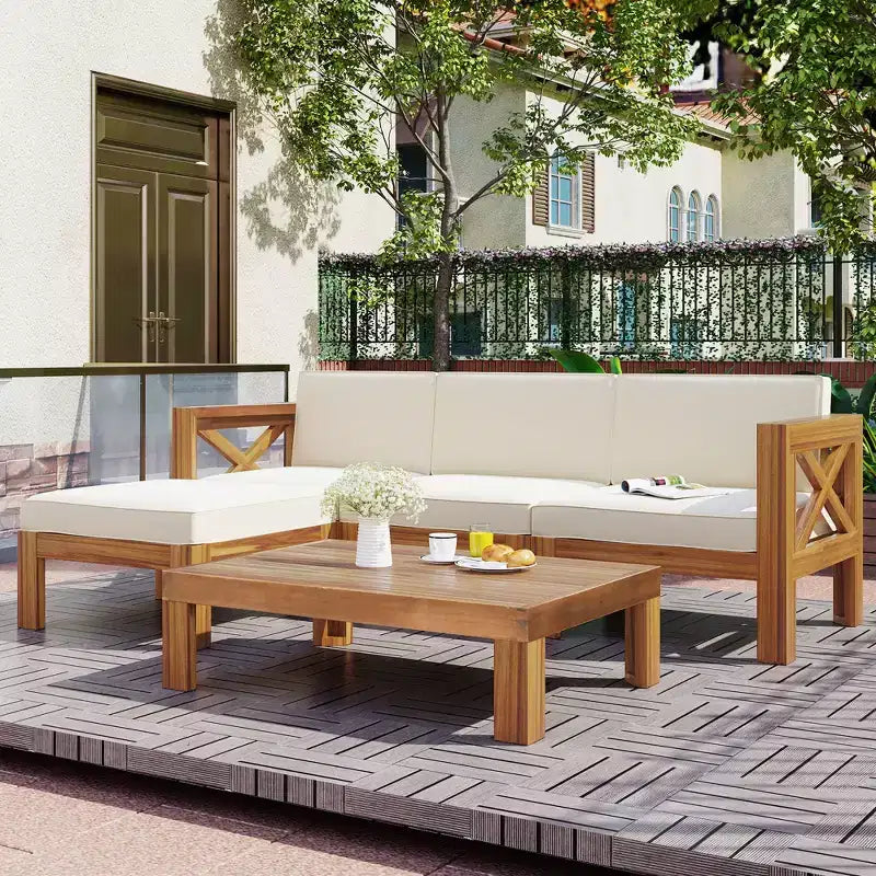 5pcs Outdoor Wooden Furniture Set, Patio Seating Group Conversation Set, Modular Sofa Set With Cushions - ModernLuxe