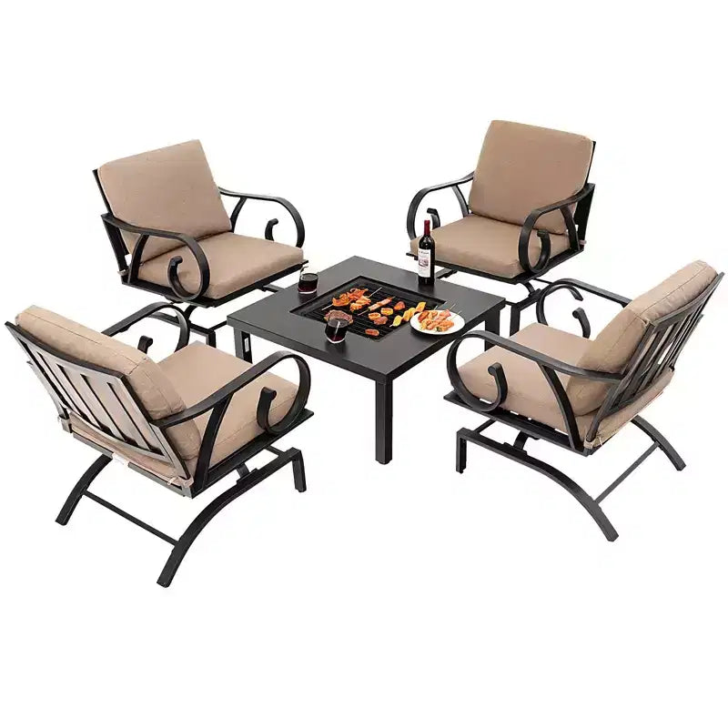 Costway Ensemble de 5 Fauteuils à Bascule d'Extérieur avec Table Brasero 4-en-1 Robuste pour Jardin/Patio