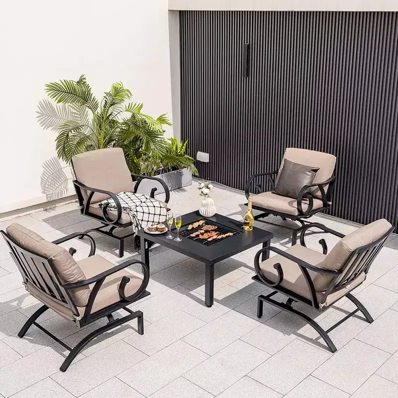 Costway Ensemble de 5 Fauteuils à Bascule d'Extérieur avec Table Brasero 4-en-1 Robuste pour Jardin/Patio