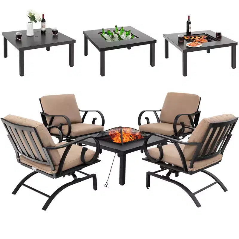 Costway Ensemble de 5 Fauteuils à Bascule d'Extérieur avec Table Brasero 4-en-1 Robuste pour Jardin/Patio