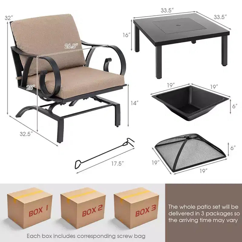 Costway Ensemble de 5 Fauteuils à Bascule d'Extérieur avec Table Brasero 4-en-1 Robuste pour Jardin/Patio