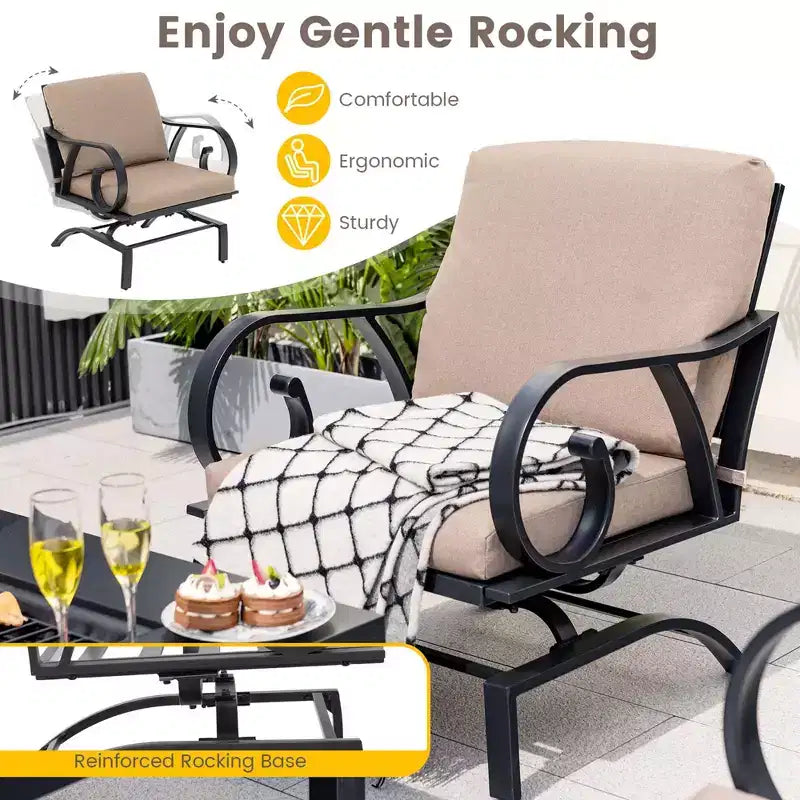 Costway Ensemble de 5 Fauteuils à Bascule d'Extérieur avec Table Brasero 4-en-1 Robuste pour Jardin/Patio