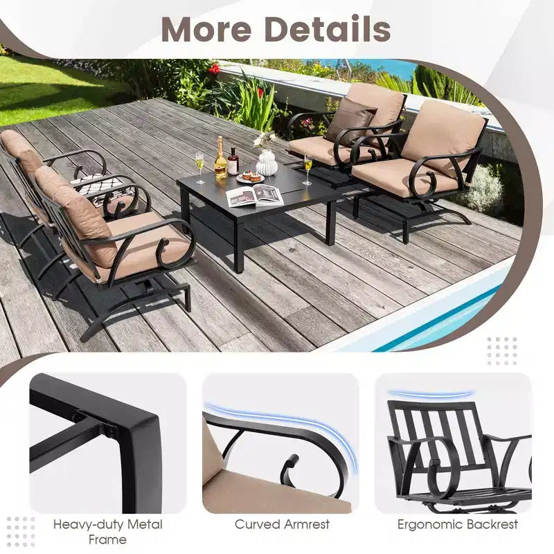 Costway Ensemble de 5 Fauteuils à Bascule d'Extérieur avec Table Brasero 4-en-1 Robuste pour Jardin/Patio