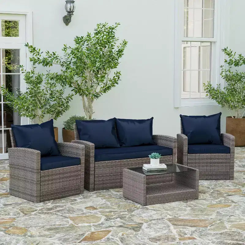 Merrick Lane Ensemble de mobilier de jardin 4 pièces, causeuse contemporaine, 2 fauteuils et table basse avec coussins de dossier et d'assise
