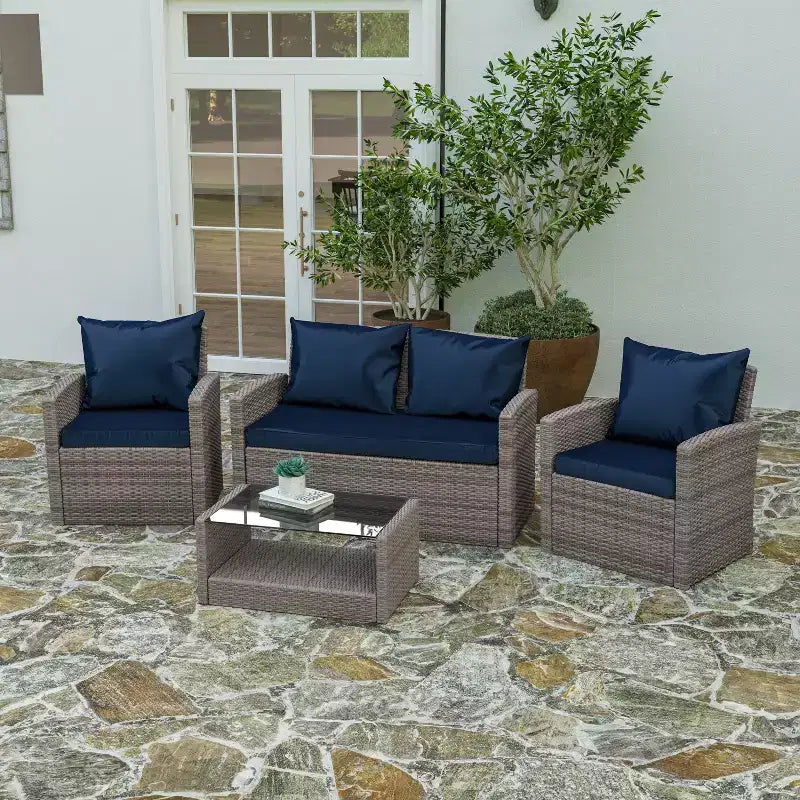 Merrick Lane Ensemble de mobilier de jardin 4 pièces, causeuse contemporaine, 2 fauteuils et table basse avec coussins de dossier et d'assise