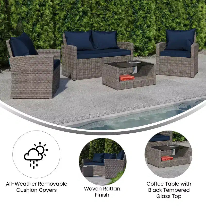 Merrick Lane Ensemble de mobilier de jardin 4 pièces, causeuse contemporaine, 2 fauteuils et table basse avec coussins de dossier et d'assise