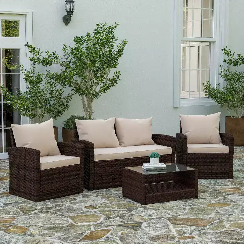 Merrick Lane Ensemble de mobilier de jardin 4 pièces, causeuse contemporaine, 2 fauteuils et table basse avec coussins de dossier et d'assise