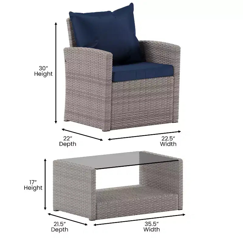 Merrick Lane Ensemble de mobilier de jardin 4 pièces, causeuse contemporaine, 2 fauteuils et table basse avec coussins de dossier et d'assise