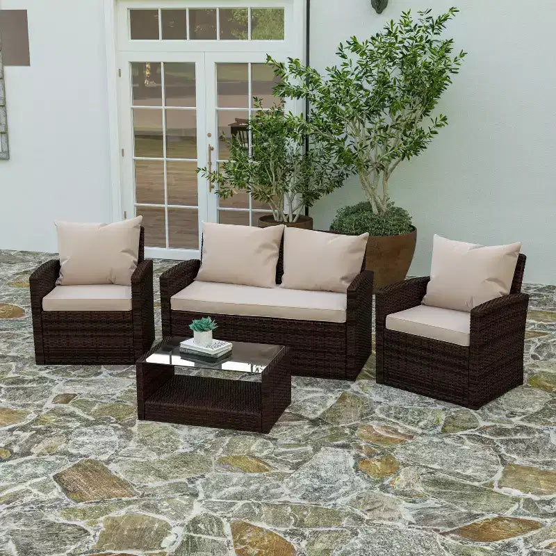 Merrick Lane Ensemble de mobilier de jardin 4 pièces, causeuse contemporaine, 2 fauteuils et table basse avec coussins de dossier et d'assise