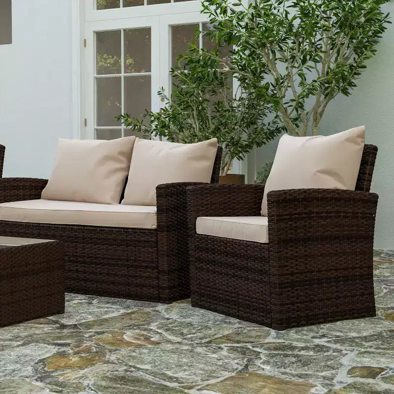 Merrick Lane Ensemble de mobilier de jardin 4 pièces, causeuse contemporaine, 2 fauteuils et table basse avec coussins de dossier et d'assise