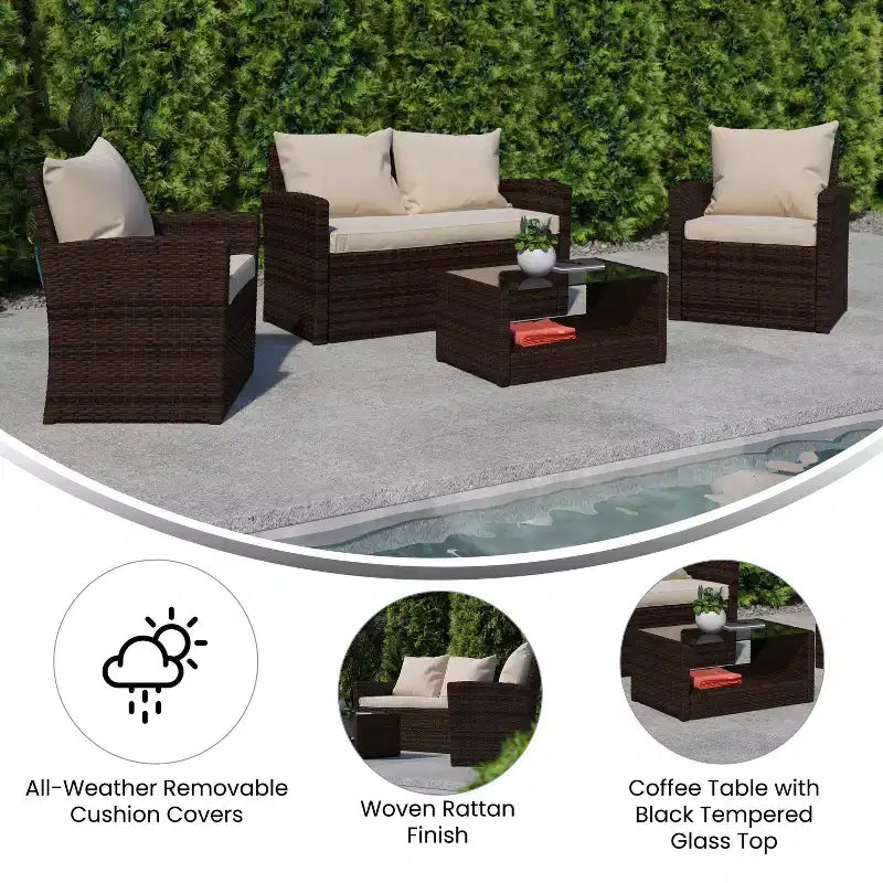Merrick Lane Ensemble de mobilier de jardin 4 pièces, causeuse contemporaine, 2 fauteuils et table basse avec coussins de dossier et d'assise