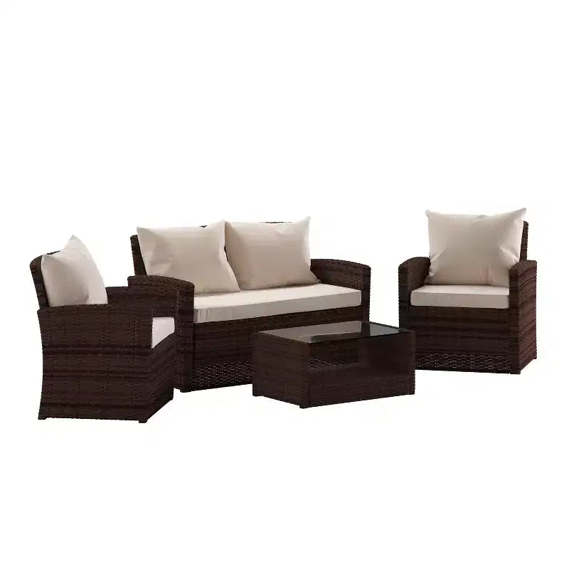 Merrick Lane 4 Piece Patio Set Contemporary Loveseat, 2 Chair and Coffee Table Set with Back Pillows and Seat Cushions