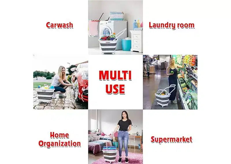 Folding Collapsible Laundry Basket on Wheels, Pop-Up Plastic Hamper Tote for Grocery or Laundry