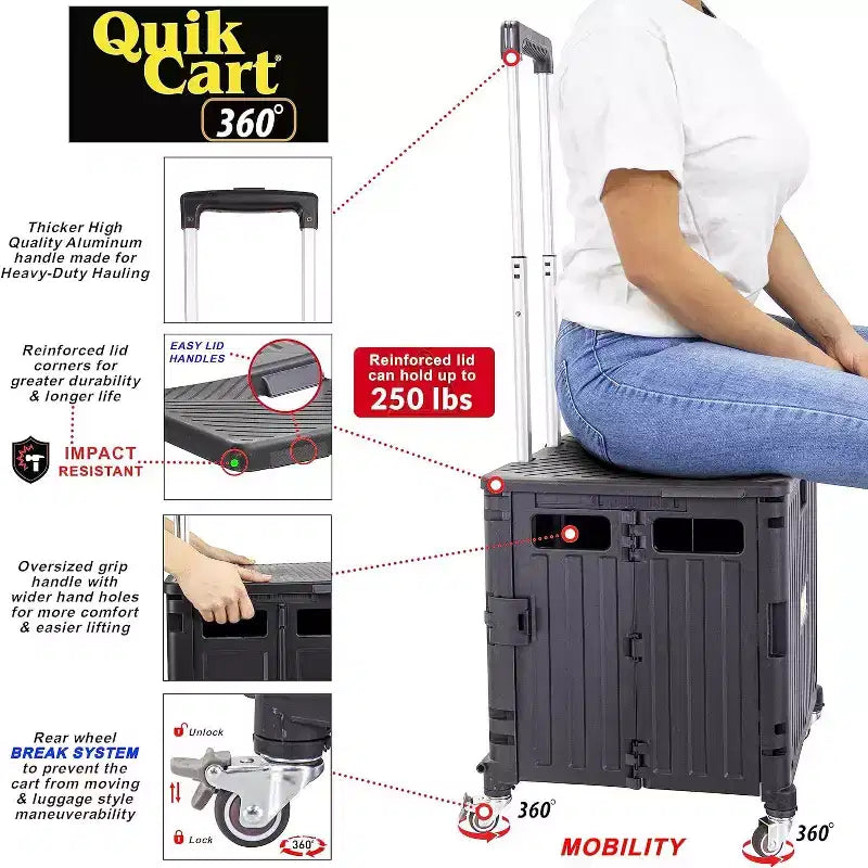 Four-Wheeled Rolling Crate with Seat, 360° Swivel, Heavy-Duty Collapsible Basket