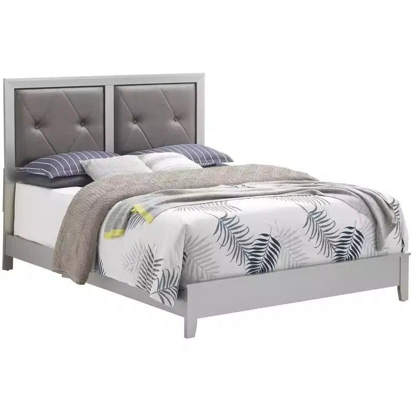 Upholstered Queen Panel Bed, Fabric Headboard and Footboard, Solid Wood Frame