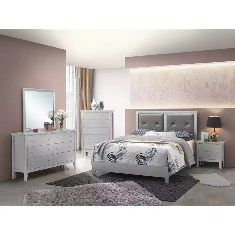 Upholstered Queen Panel Bed, Fabric Headboard and Footboard, Solid Wood Frame