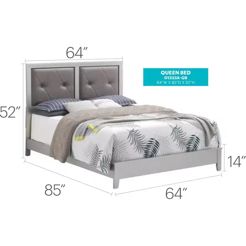 Upholstered Queen Panel Bed, Fabric Headboard and Footboard, Solid Wood Frame