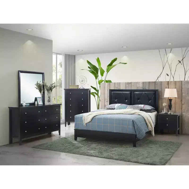 Upholstered Queen Panel Bed, Fabric Headboard and Footboard, Solid Wood Frame