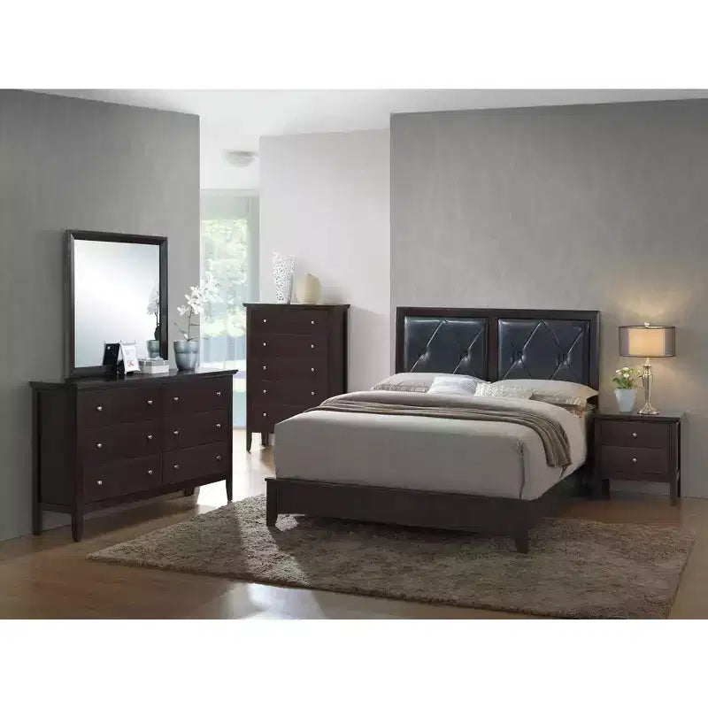 Upholstered Queen Panel Bed, Fabric Headboard and Footboard, Solid Wood Frame
