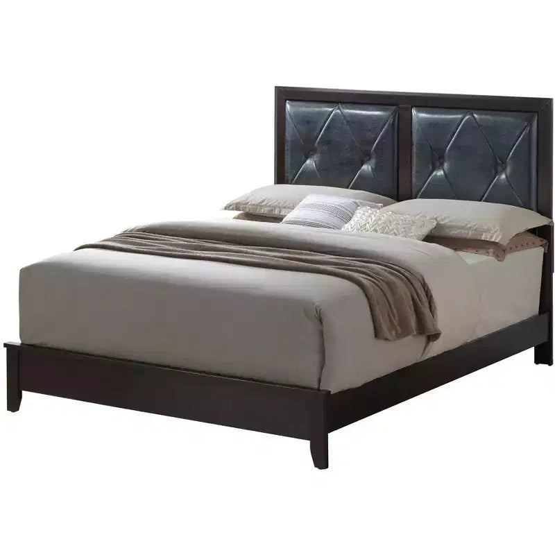 Lit queen tapissé avec panneau, tête et pied de lit en tissu, cadre en bois massif